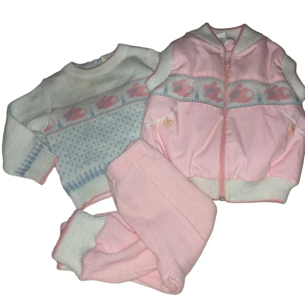 Vintage 3 piece kawaii‎ knit bunny outfit size 12 months